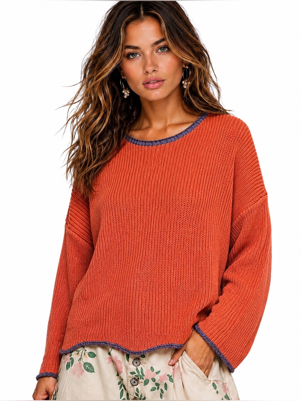 Easel Pumpkin blue trim Ling Sleeve Knit Sweater